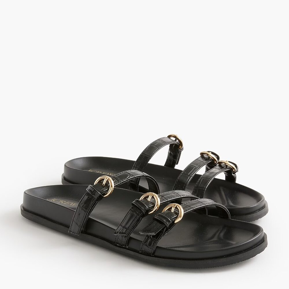 J. Crew Factory Black Croc-Embossed Triple-Strap Slide Sandals with Gold Buckles